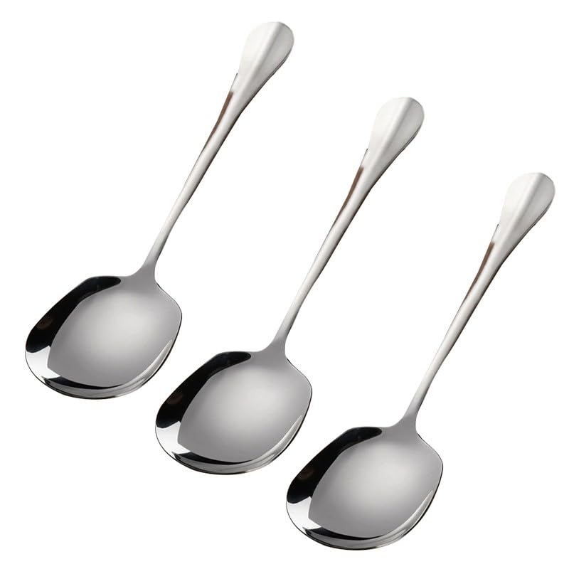 MeevrgR Cuchara grande de acero inoxidable para arroz, ensalada, pasta, diseño ergonómico, 20,5 x 6 cm, apta para lavavajillas, color plateado (paquete de 3)