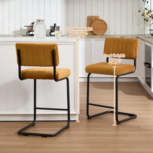 Image of ONEVOG 24 Inch Counter Bar Stools Set of 2, Mid-Century Modern Counter Height Cantilever Bar Chairs for Kitchen Island, Upholstered Velvet Fabric Barstools with Back and Matte Black Metal Legs, Orange