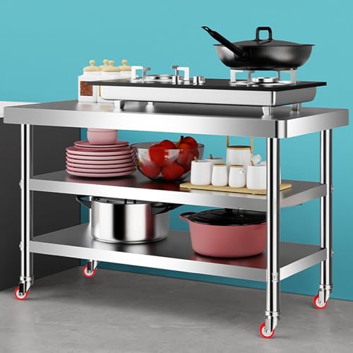Mesa de trabajo comercial de acero inoxidable resistente con 4 ruedas, mesa de preparación para restaurante, cocina, fácil movilidad, equipo de cocina profesional