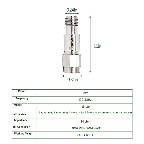 XRDS -RF Atenuador RF coaxial SMA macho para SMA fêmea, CC para 8 GHz, 50Ohm, 2W, atenuador constant