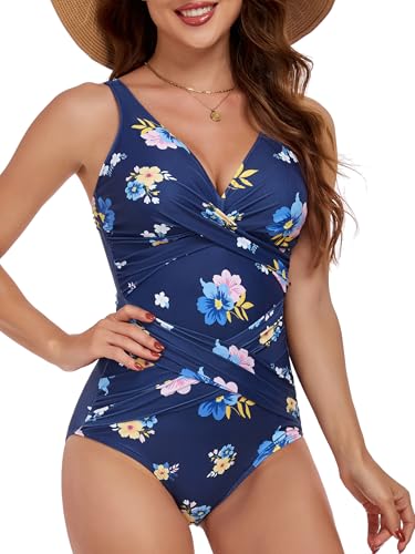 Image of Smismivo Tummy Control Swimsuits for Women Slimming One Piece Bathing Suit Retro Ruched Push Up Vintage Padded Swimwear