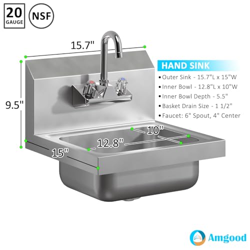 Image of 15 in. x 15 3 /4 in. NSF Certified Stainless Steel Hand Sink - Commercial Wall Mount Hand Basin with Faucet. Ideal for Restaurants, Bars, Kitchens, and Stores