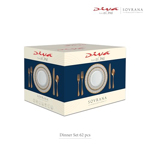 Image of La Opala Diva Sovrana Collection Opal Glass Crockery | for Family of 8 | Dinner Set 62 pcs Medusa Gold | Plates & Bowls for Dining | Microwave Safe | 100% Vegetarian | Extra Strong | Light & White