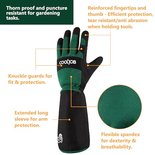 COOLJOB Thorn Proof Rose Pruning Garden Gloves for Men, Long Sleeve Padded Yard Work for Bush, Blackberry, Cactus, Heavy Duty/Puncture Resistant/Machine Washable, Medium, Green
