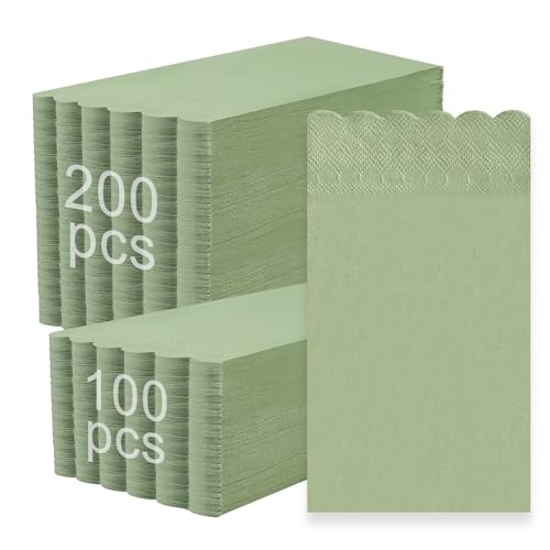 100 Pcs Sage Green Cocktail Napkins 2 Ply 16 x 13 Inches Disposable Green Scalloped Napkins for Wedding Anniversary Spring Bridal Reception (Sage Green)
