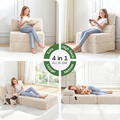 Image of Convertible 4-in-1 Folding Sofa Bed Pocket Coils+Foam Fill Medium Support, Boneless No Assembly for Living Room /Bedroom, Single Beige
