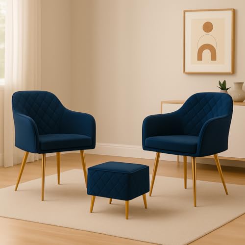 Image of Barfi Velvet Dining Chair | Set of 2 Premium Modern Upholstered Accent Chair with Armrest, Padded Seat and Metal Legs | Comfy Chair for Home, Office & Restaurents | (Blue with Puffy)