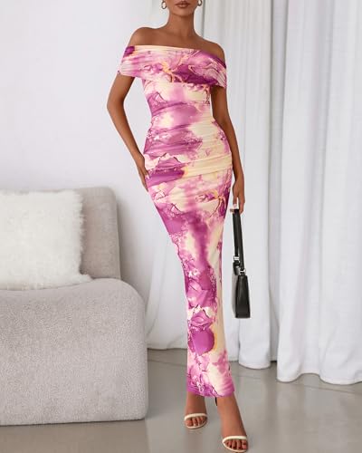 Image of BTFBM Cocktail Dresses for Women 2026 Elegant Classy Off Shoulder Bodycon Mesh Slit Floral Maxi Spring Summer Dress