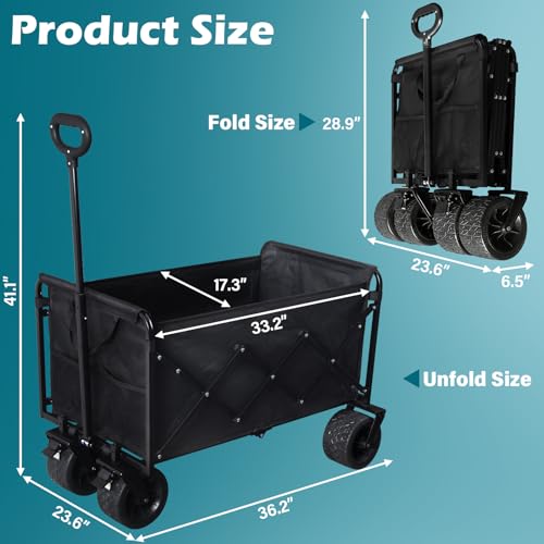 Image of Beach Wagon with Big Wheels for Sand: 600LBS All Terrain Collapsible Beach Cart Foldable - Portable Heavy Duty Folding Utility Wagon Cart for Groceries Shopping Outdoor Camping Sports