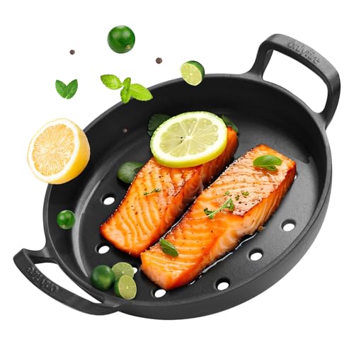 onlyfire Pre-Seasoned Cast Iron Skillet, Frying Pan with Nonstick Perforated Grill Surface and Dual Handles, 10 Inch Cast Iron Pan - Compatible With All Stovetops - Oven Safe & Rust Resistant