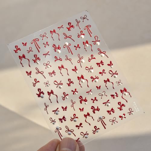 Image of Bow Nail Art Stickers 5D Embossed Nail Decals Self Adhesive Red Nail Sticker for Nail Art Pearl Design for Women Girls Supplies Nail Art Decorations Accessories
