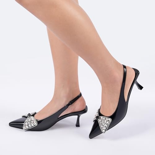 Women's Slingback Kitten Heels with Bow 2.4-Inch Low Heels Closed Pointed Toe Pump Dress Shoes3