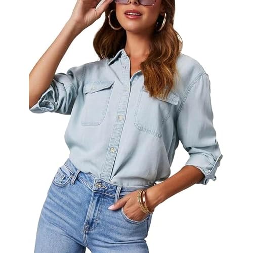 Women Button Down Chambray Denim Shirt Collared Long Sleeve Blouse Business Casual Tops with Pockets Light-blue Large