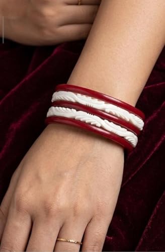 Image of HAPPYCRAFT Shell Shakha Pola Bangles for Married Women - (Pack of 4) | Traditional Bengali Shankha Pola Set in Red and White | Ethnic Bangles for Daily Puja Rituals Festivals Ceremonies
