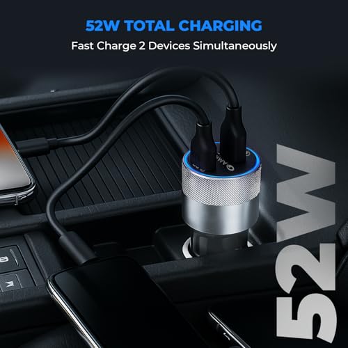 Image of MOZEN by Amkette PowerPro 52W Car Charger Type C+USB A Dual Port Car Charger Socket, Fast Charging, Metallic shell with ABS Build, Safety Protections, Multi-Device Compatible - Mobiles, Tablets & More