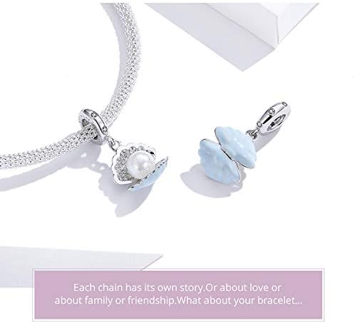 Miniatura 5 de Dije de sirena del océano original de plata de ley 925 con cuentas de oro rosa y estrella de mar para pulseras (colgante de concha de perla), Plata