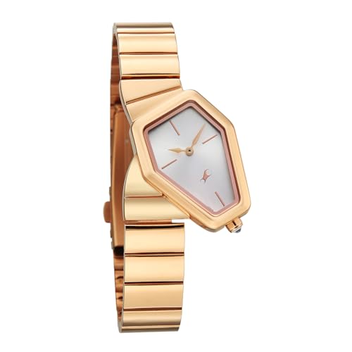 Image of Fastrack Wild Viper-Inspired Unique Shaped Silver Dial IP Rose Gold Stainless Steel Strap Watch for Women - 6323WM02