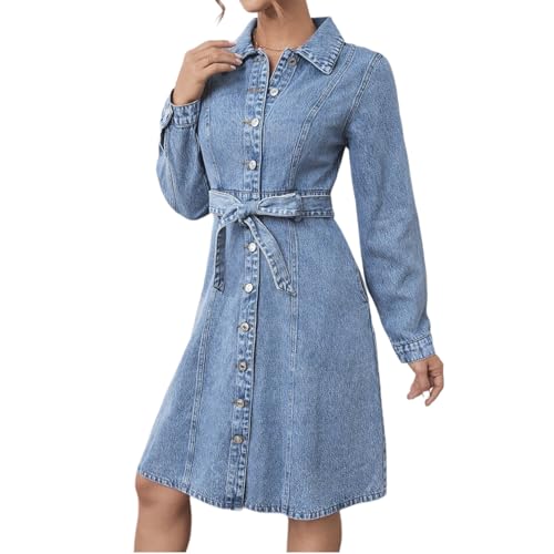 Women's Denim Dresses Long Sleeve Button Down Midi Jean Dress3