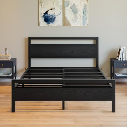 Image of BOFENG Full Size Bed Frame with Wood Headboard,Heavy Duty Platform Bed Frame Full with Storage No Box Spring Needed,Reinforced Steel Slats Support,Mattress Foundation,Black