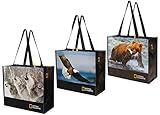 Reusable Grocery Bags Shopping Totes with National Geographic Prints Heavy Duty Made From Recycled Plastic Bottles Laminated Rpet ( Set of 3) (Eagle/Bear/Wolves)