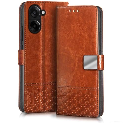 Image of FLIPPED Hand Stitched Honeycomb Dual Design Back Flip Cover Case for 1+ OnePlus Nord CE 5 5G (Shock Proof | Leather Finish | Wallet Case Card Holders & Stand) - Tanned Brown