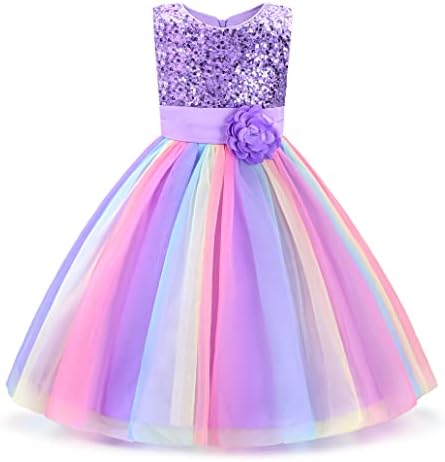 Uhnice Little Girl&#39;s Sequin Sleeveless Mesh Rainbow Dress for Wedding Party