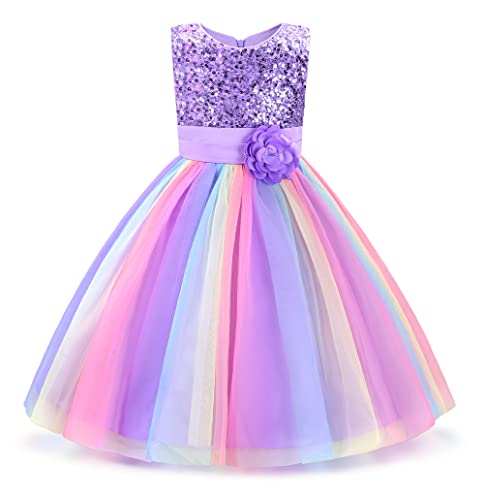 Uhnice Little Girl's Sequin Sleeveless Mesh Rainbow Dress for Wedding Party (4 Years, Purple)