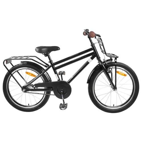 Runheo Bicicleta infantil de 18 pulgadas, marco de acero negro, para 5-7 años, con guardabarros, timbre, soporte y reflectores, ideal para exteriores, ciudad y diversión diaria