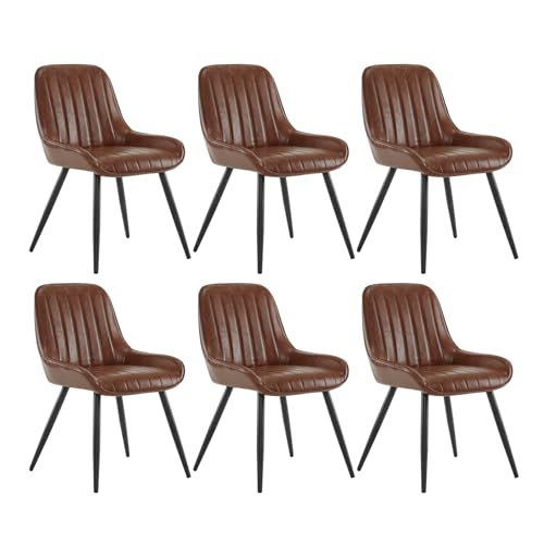 Lestarain Dining Chairs Set of 6, Vintage Kitchen Counter Chairs, With Metal Legs, PU Leather Seat and Backrests, Brown