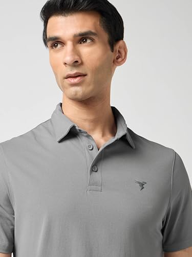 Image of TECHNOSPORT Men's Solid Slim Fit Polo Collar T-Shirt COTFLEX Half Sleeve Button Polyester for Gym Running Workout UPF50+ Anti Odour