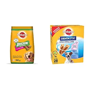 Pedigree Biscrok Biscuits Dog Treats (Above 4 Months), Milk and Chicken Flavor, 500g Pack and Dentastix Small Breed (5-10 kg) Oral Care Dog Treat (Chew Sticks) (28 Sticks) 440g y