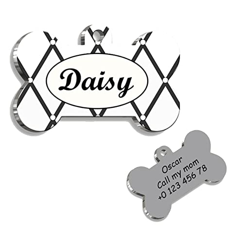 Bone Black White Plaid Personalized Dog Tag - Custom Name Tag - ID Tag for Dog & Cat - Customized Pet Tags - Dog Name Tag - Cat Name Tag - Engraved Dog Tag - TS1…