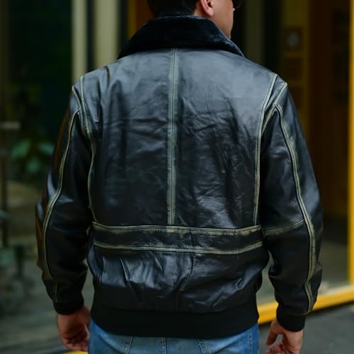 Image of Jild Navy G-1 Real Leather Bomber Jacket Men with Removable Fur Collar - Vintage Flight Aviator Leather Jacket Men