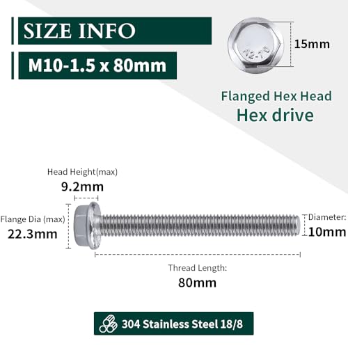 Image of M10-1.5 x 80mm Hex Flange Bolt (3.15 inch Thread Length), DIN6921, Serrated Locking Flange, 304 Stainless Steel, UNC Full Thread, 6-Pack
