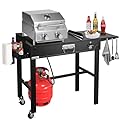 All-in-One Outdoor Grill Table with Built-in 2-Burner Propane Gas Grill – Portable Stainless Steel Cooking Station with Storage, Hooks & Lockable Wheels for Camping, Tailgating, Backyard BBQ