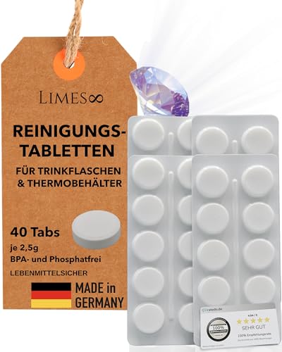 Limes 8 Potentes pastillas de limpieza para botellas de agua, fórmula 60% más fuerte, 40 pastillas biodegradables, fabricadas en Alemania, para acero inoxidable, vidrio, plástico, limpieza higiénica y