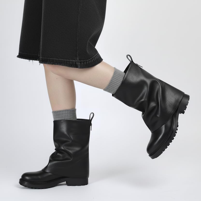 Women's Fold Over Ankle Boots with Zipper - Trendy Wide Calf Pull On Boots with Round Toe - Image 2