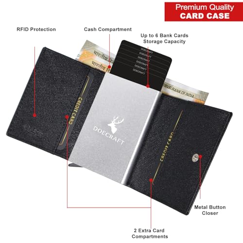 Image of Men's Genuine Leather RFID Wallet | Premium Slim Red Wallet for Men with Deer 3D Print | 8 Card Slots Secure and Durable | Casual Stylish | Formal & Gifting Use, Silver (Safiano /Black)