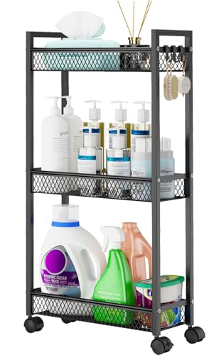 YASONIC Slim Rolling Storage Cart Metal 3 Tier Bathroom Storage Organizer Laundry Room Utility Cart for Kitchen Bthroom Makeup Craft Laundry Narrow Places Black