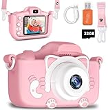 Yatao Kids Camera, 1080P HD Digital Camera for Kids with 32 GB Card, 40MP Kids Digital Camera for Girls Boys Age Over 3 Years Old, Perfect Christmas Birthday Festival Gifts for Toddler,Pink-Cat
