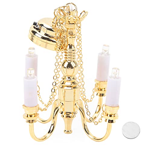 Plafonnier miniature echelle 1/12 sans fil eclairage pile or 4 tetes - 6