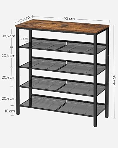 VASAGLE 5-Tier Shoe Rack, Tall Shoe Storage with 4 Mesh Shelves and Large Top for Bags, Space-Saving for Entryway, Hallway, Steel, Industrial, Rustic Brown and Black LBS038B01