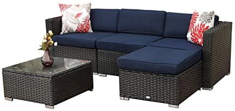 PHI VILLA Outdoor Patio Sectional Furniture Set 5 Piece Low-Back Rattan Sofa Set Wicker Patio Conversation Set with 4 Seat Cushions and 1 Tempered Glass Table (Navy Blue)