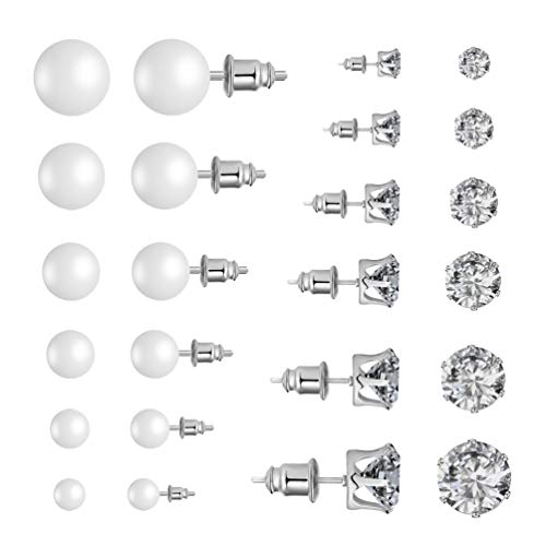 Women's Stainless Steel Round Clear Cubic Zirconia Pearl Stud Earrings for Girls Men Gift 12 Pairs Stud Earrings Set (White)