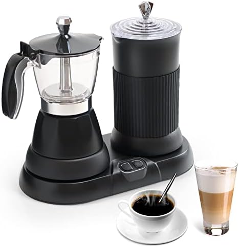 Hackvia Espresso Machine,Portable Espresso Coffee Maker and Cappuccino Latte Machine with Milk Frother,Espresso Maker with Steamer,2 in 1 Moka Pot for Home,Office and Travel,2-3 Cups,Aluminum