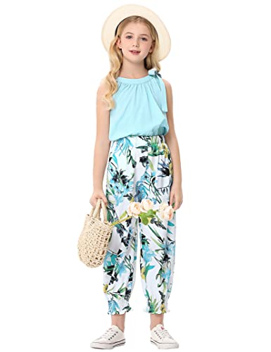 Geru Girls Rompers Halter Tie Up Sleeveless Casual Jumpsuits Floral Printed Long Pants With 2 Pockets 9-10Y #TOP2
