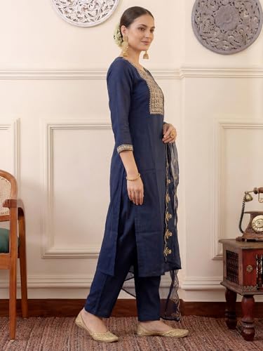Image of INDO ERA Women's Silk Blend Floral Embroidered Thread Work Straight Kurta & Pant with Dupatta Set | Kurti Set