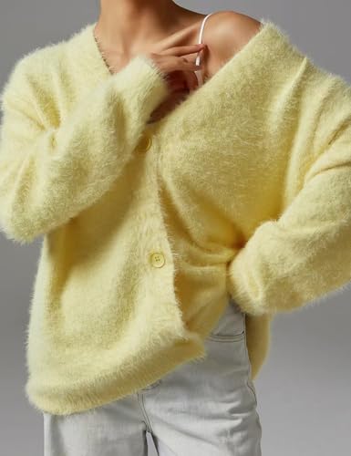 Image of COZYPOIN Womens Fuzzy Cardigan Sweater V Neck Button Down Soft Knit Coat | Loose, Comfy, Slouchy Drop Shoulder, Long Sleeve Fluffy Mohair, Warm, For Daily Work Holiday, Spring Fall Winter Fashion