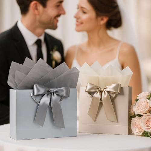 BBLIKE Geschenktüten 2 Stück Papiertüten mit Schleifenbändern + 2 Grußkarten + 4 Taschentüchern, Geschenktaschen mit Henkel Partytüten Bodenbeutel Kreuzbodenbeutel für Geburtstag Hochzeit Feier Party