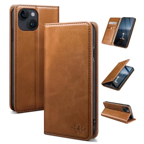 SUANDUCK for iPhone 14 6.1 phone case magnetic leather flip case with RFID-blocking card compartment adjustable stand and 360 drop protection with Apple 14 Light Brown